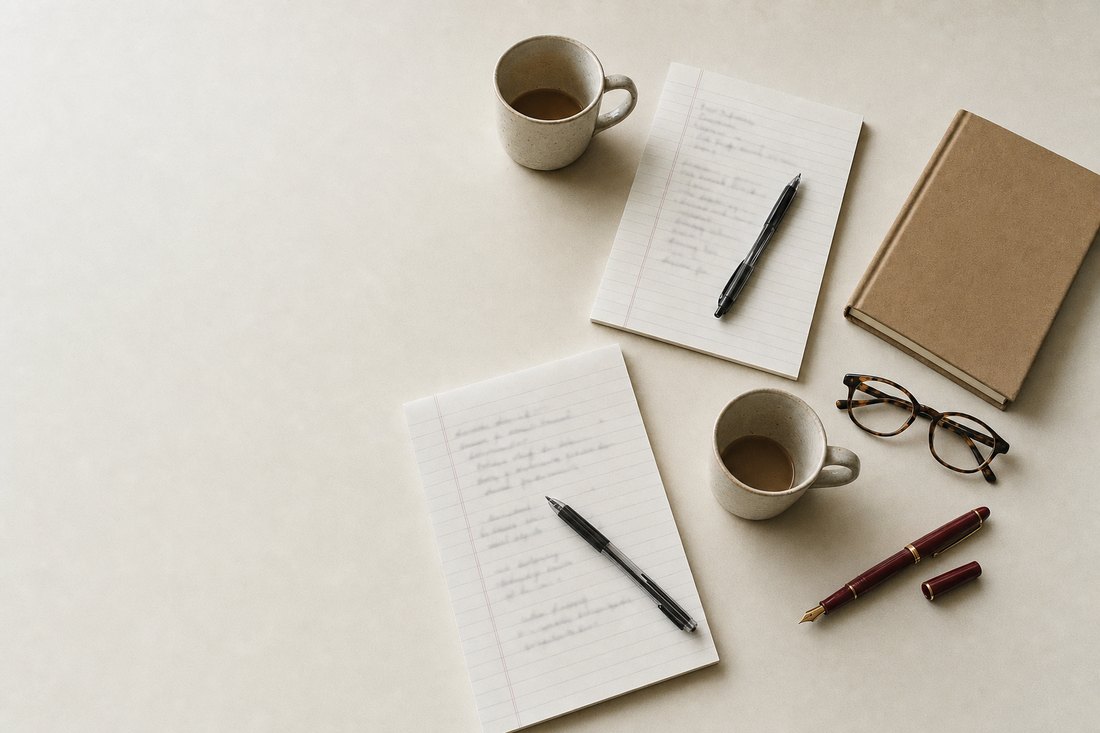 Seen from above after a board meeting: two ruled notepads with pens, two stoneware mugs of coffee, folded reading glasses and a kraft minute book on a cream table.