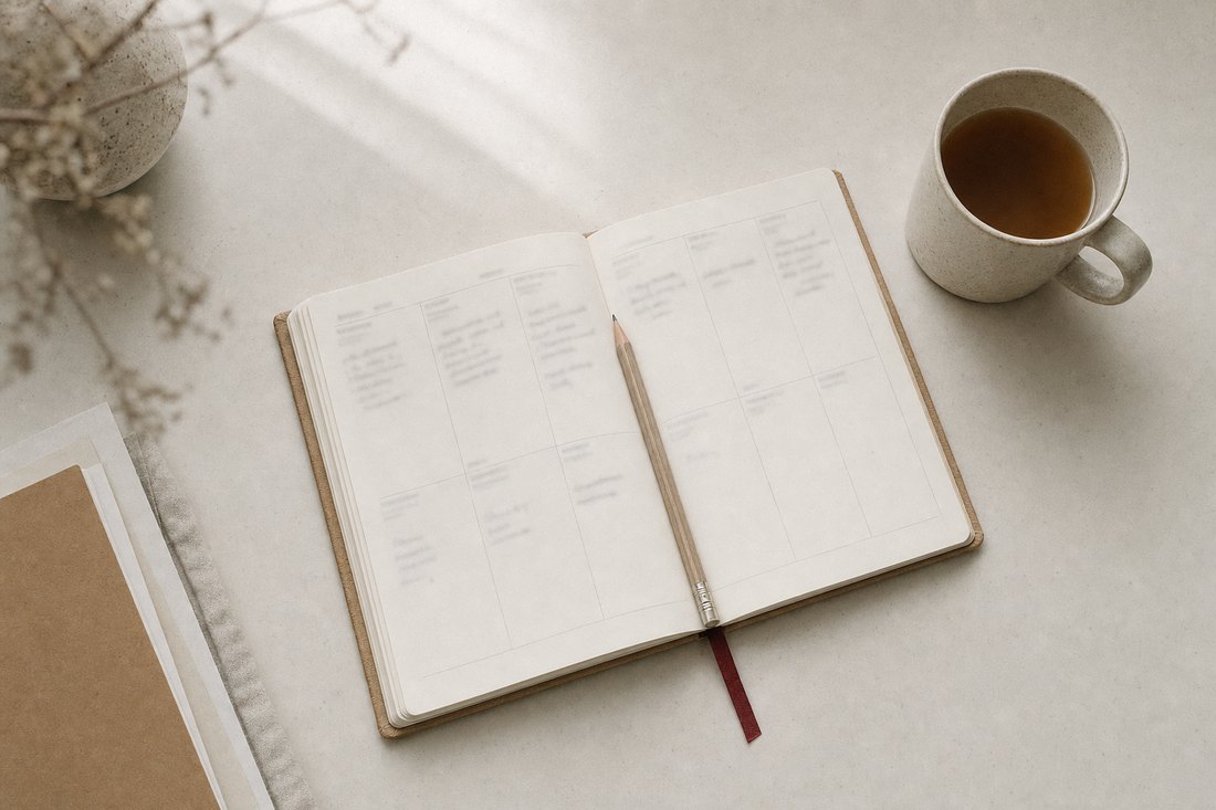 Seen from above: an open week-view paper diary lying slightly askew with a sharpened pencil across the gutter, a stoneware mug of tea beside it and a dark red bookmark ribbon trailing from the pages.