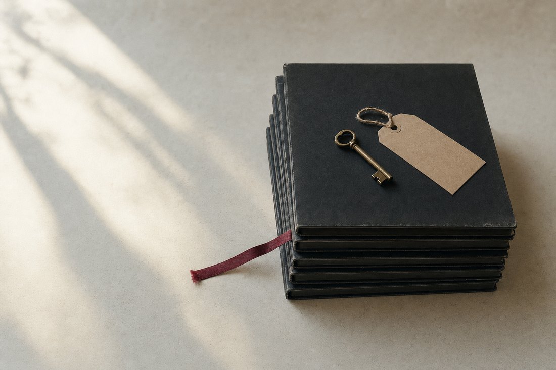Seen from above: a squared stack of black concert folders on a table in raking window light, with a small brass key and a blank kraft folder beside them.