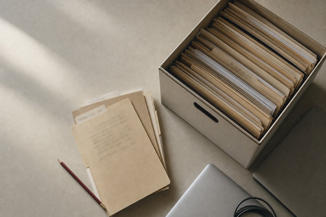 Seen from above: an archive box packed with worn manila folders, a few folders lifted out and fanned on a cream table beside a closed laptop and a red pencil.