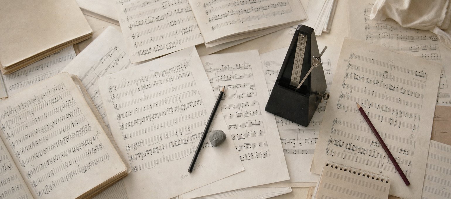 Seen from above: loose sheet-music parts spread across a table with faint pencil rehearsal marks in the margins, a wind-up metronome, a pencil, an eraser and a dark red pencil.
