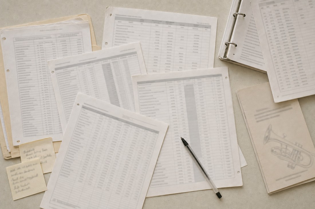 Overhead view of several printed roster and budget spreadsheets scattered across a desk with a binder, handwritten notes and a concert program.