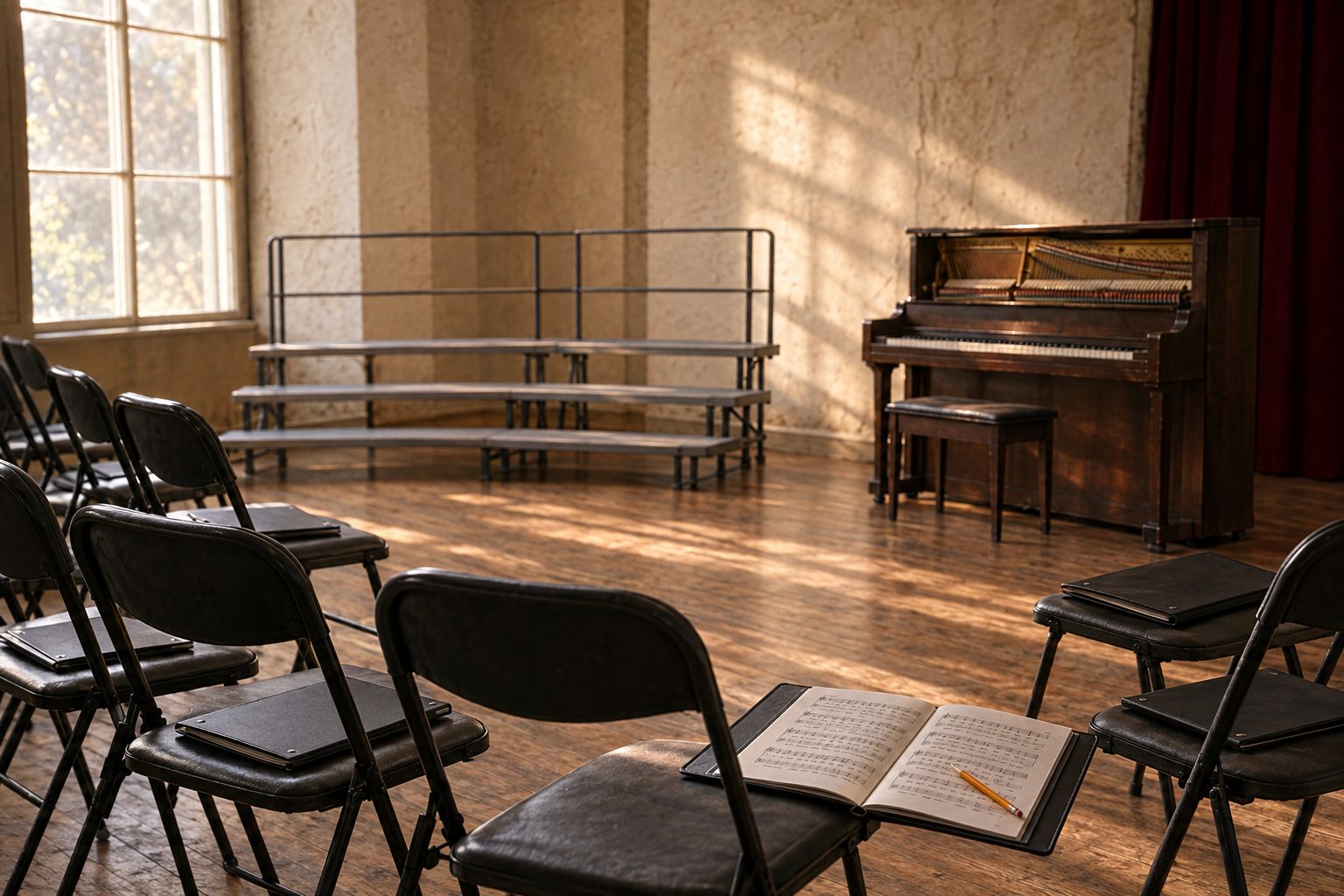 An empty chorus rehearsal room in late-afternoon light: black folding chairs in an arc with choral folders on the seats, one open to a score with a pencil, a three-step riser and an upright piano behind.