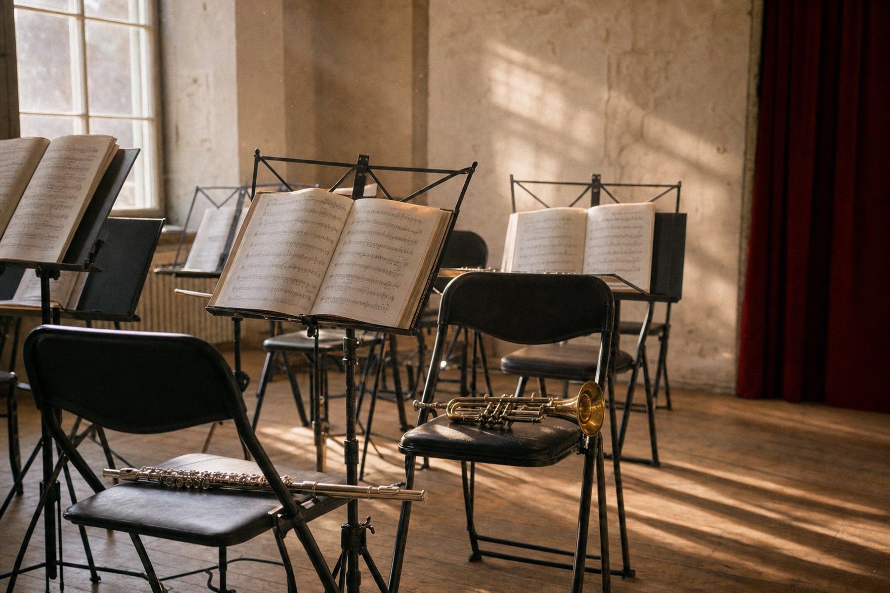 An empty community band rehearsal room in late-afternoon light: folding chairs, music stands with open scores, a flute and a trumpet left on the seats.
