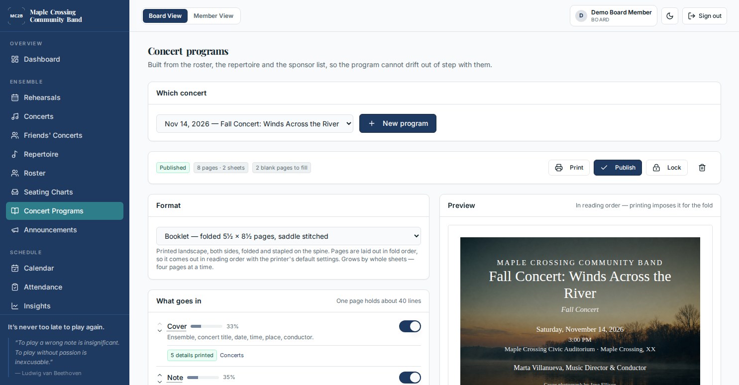 The concert program builder: a concert selector, a format choice between folded booklet and flat letter pages, a list of switchable sections with a fill meter reading eight pages on two sheets, and a live preview of the cover.
