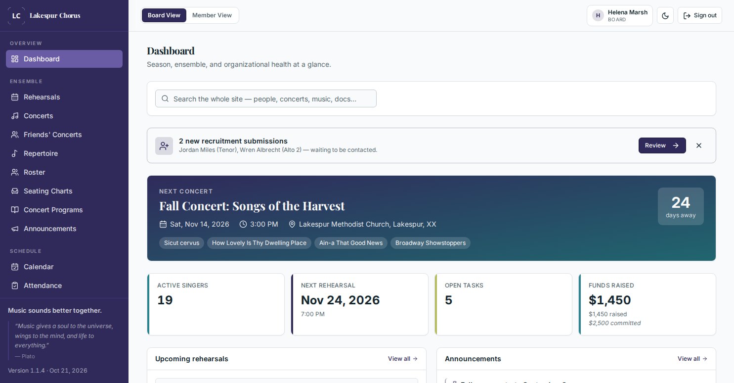 The Rehearsal Letter board dashboard: next concert countdown, active singer count, next rehearsal, open tasks, funds raised, upcoming rehearsals and announcements.