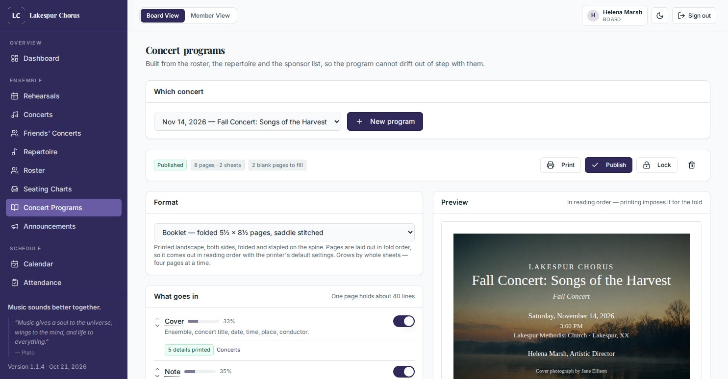 The concert program builder: a concert selector, a format choice between folded booklet and flat letter pages, a list of switchable sections with a fill meter reading eight pages on two sheets, and a live preview of the Lakespur Chorus cover.